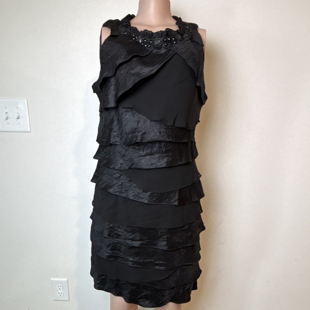 Vintage Little Black Dress Chiffon Beaded Ruffle Sheath Knee Sleeveless 16